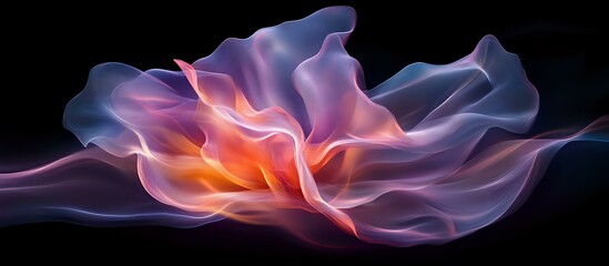 Aufkleber - Ethereal flowing smoke forms in vibrant purple, pink and orange hues against black background create abstract fluid art composition with dynamic movement.
