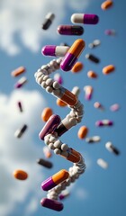 Poster - Colorful pharmaceutical capsules arranged in DNA helix structure against blue sky background with floating pills, representing medical science and genetics.