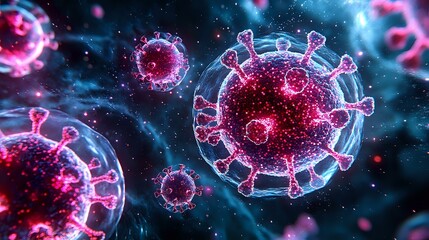 Poster - Glowing pink and blue virus cells with detailed spike proteins floating in dark space background, scientific medical visualization for healthcare concepts.
