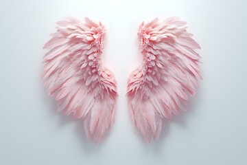 Poster - Delicate pink angel wings made of soft feathers arranged symmetrically on light background, creating ethereal and romantic composition for spiritual and decorative designs.