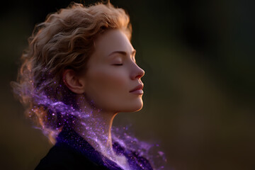 Poster - Young woman with closed eyes in profile view, magical purple cosmic dust and particles dissolving from neck, mystical fantasy portrait on dark background.
