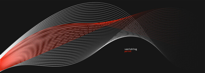 Poster - Abstract background vector illustration, red and black dots in motion by curve lines, particles flow wave isolated, monochrome black and white illustration.