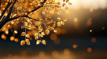 Poster - Delicate tree branches with golden leaves backlit by warm sunset light creating magical bokeh effect in background, natural autumn scenery at dusk.