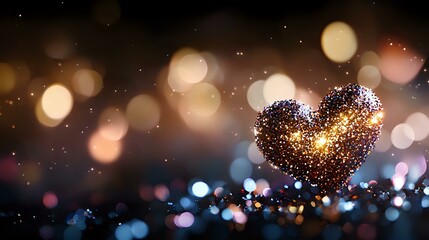 Poster - Magical glowing heart shape formed by golden sparkles and light particles floating against dark background with soft bokeh lights and dreamy atmosphere.