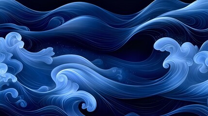 Poster - Swirling ocean waves in deep blue tones create dynamic flowing pattern with curling foam crests. Abstract water movement design for backgrounds and artistic projects.