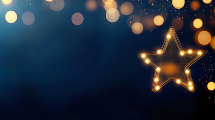 Poster - Glowing golden star with warm LED lights against dark blue background with blurred bokeh lights creating magical festive atmosphere for holiday designs.