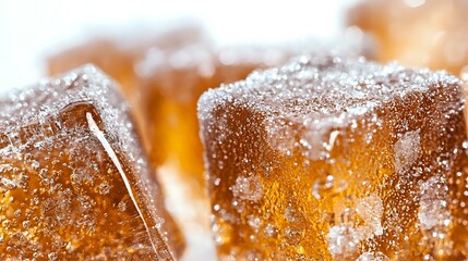 Poster - Macro shot of amber-colored sugar crystals on caramel candy cubes dusted with powdered sugar, creating a luxurious sweet texture for food and confectionery designs.