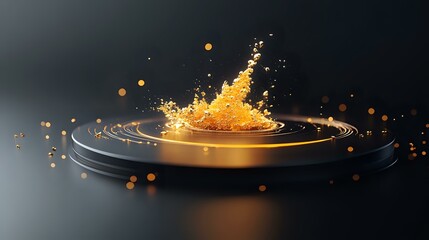 Poster - Dynamic golden liquid splash creating circular ripples on black platform with floating droplets and dramatic lighting effects against dark background.