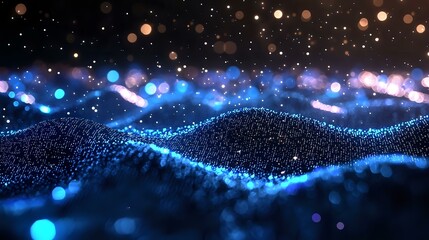 Aufkleber - Glowing blue particle wave with bokeh lights against dark background creates futuristic digital landscape effect for technology and science designs.