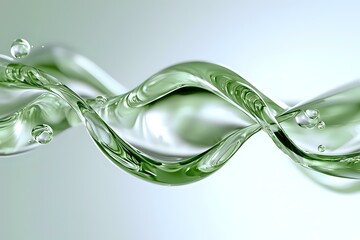 Poster - Elegant twisted green glass spiral with water drops creating dynamic flow effect against light background. Suitable for abstract design and luxury branding.