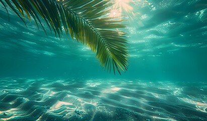 Poster - Underwater view of palm leaf against sunlight streaming through turquoise ocean water, creating rippling patterns and sun rays beneath tropical surface.