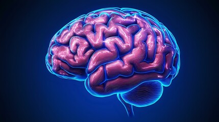 Poster - Glowing pink brain model with blue neon outline against dark background shows detailed cerebral anatomy and neural structure for medical and educational concepts.