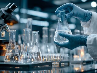 Poster - Scientist in protective gloves holding glass flask in modern laboratory setting with microscope and research equipment. Dark blue toned scientific research scene.