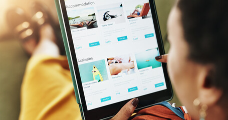 Poster - Woman, hands and sofa with tablet screen for holiday, accommodation or travel website at home. Above, female person or user with technology display or app for online booking, activities or deal
