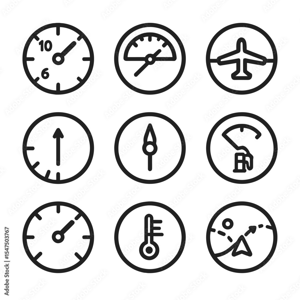 Cockpit Instruments Icons. Outline icon set of cockpit instruments ...