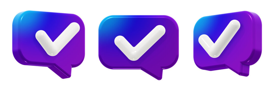 Modern rectangular checkmark approved speech bubble with a smooth blue-to-purple gradient. 3D render icon element, isolated. Includes three angles of the same shape.