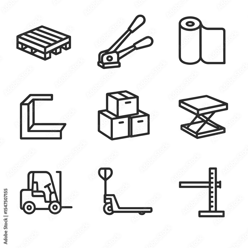 Palletizer Process Icon Palletizing Icon Set. Outline icon set of palletizing and stacking ...