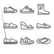 © Sanych - Eco Footwear Icons. Outline icon set of eco-friendly footwear: canvas sneaker, cork sole sandal, recycled rubber boot, hemp