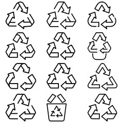 Poster - Collection of recycling symbols with arrows in triangular formation and one in a trash can outline