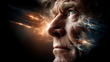 Poster - A close up portrait of a man s face his eyes and features illuminated by the energy and intensity of a futuristic conceptual technological reflection