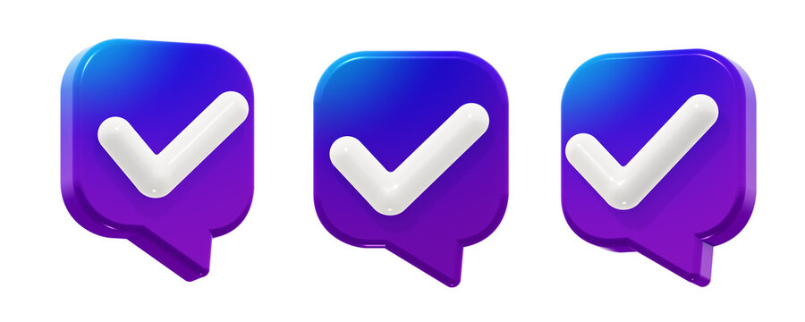 Modern square checkmark approved speech bubble with a smooth blue-to-purple gradient. 3D render icon element, isolated. Includes three angles of the same shape.