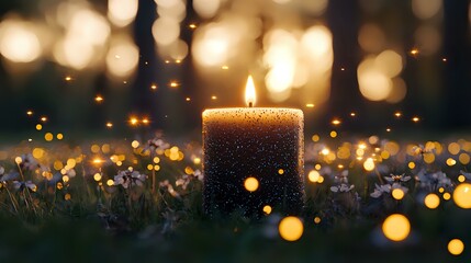 Poster - Glowing candle illuminates magical garden scene with delicate blue flowers and sparkling bokeh lights creating dreamy atmosphere at dusk.