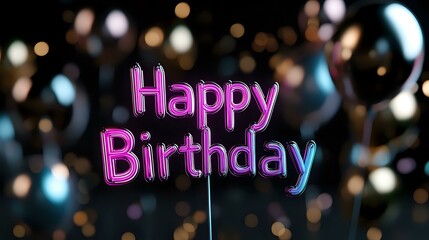 Poster - Glowing pink neon Happy Birthday text on dark background with blurred bokeh lights creating festive atmosphere for celebration and party designs.