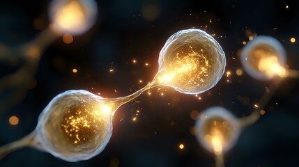 Poster - Glowing neurons with synaptic connections on dark background, golden light particles and energy transfer between nerve cells showing neural network activity.