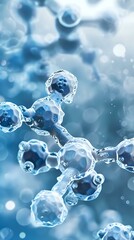 Poster - Molecular structure in blue tones with water droplets and bokeh effects showing scientific concept of chemistry, biology or medical research background.