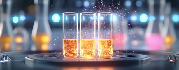 Poster - Glowing orange liquid in glass test tubes on metallic surface with sparkling particles and blurred laboratory lights in background creates futuristic science atmosphere.