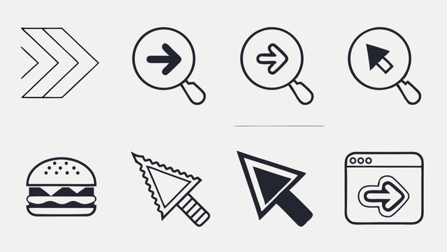 Simple outline icons set for UI UX design with arrows magnifying glass cursor hamburger menu browser window