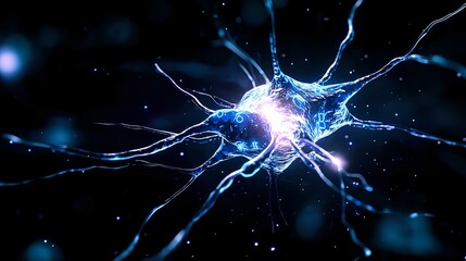 Poster - Glowing blue neuron with electrical impulses on dark background showing neural network activity and synaptic connections in brain science visualization.