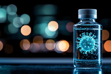 Poster - Glowing virus cell in glass bottle against blurred bokeh lights background, scientific research concept in blue tones, medical laboratory visualization.
