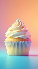 Poster - Vanilla cupcake with white cream frosting on pastel gradient background. Soft swirled buttercream topping in paper wrapper creates dreamy dessert composition.