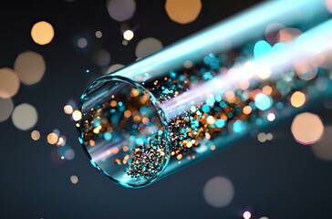 Poster - Glowing particles and sparkles float inside glass test tube with turquoise blue light against dark background with bokeh effect, science concept.