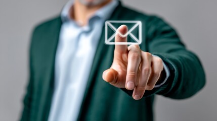 Poster - Man in green sweater interacting with digital email icon, showcasing modern communication technology, emphasizing connection and engagement in a contemporary workspace environment