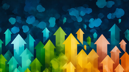 Poster - Colorful ascending arrows in rainbow gradient against dark background with bokeh effect create dynamic business growth visualization for presentations.