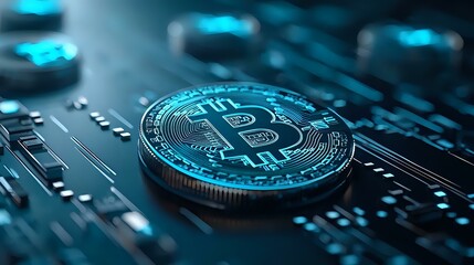 Poster - Glowing blue cryptocurrency coin on circuit board background with digital connections, symbolizing digital finance and blockchain technology.