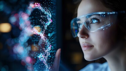Poster - Young woman in protective eyewear examining glowing holographic DNA structure with particles and bokeh lights in dark laboratory setting for science research.