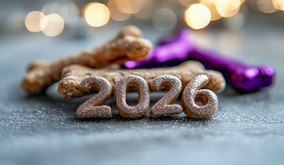 Poster - Glittery rose gold numbers 2026 with festive decorations and bokeh lights in background, selective focus creates dreamy New Year celebration atmosphere.