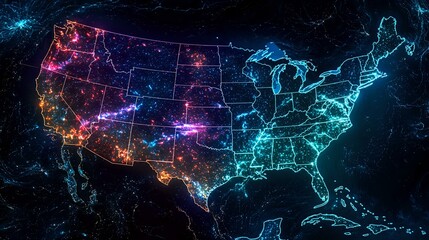 Poster - Glowing neon map of United States with state borders outlined in vibrant gradient colors from pink to blue on dark background, showing population density patterns.