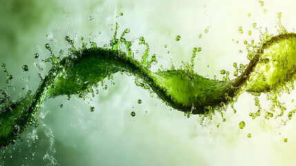 Poster - Dynamic green liquid splash forming abstract wave pattern with droplets and bubbles against light background, suitable for beverage and freshness concepts.