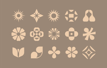 Poster - Collection of sixteen minimalist floral and geometric shapes in beige on a brown background ideal for branding design projects