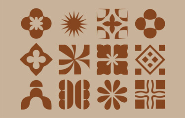 Poster - Collection of twelve brown geometric and floral design elements on beige background