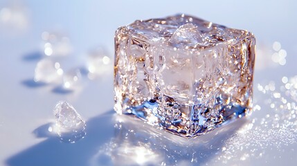 Poster - Melting ice cube with water drops on light blue surface, crystal clear frozen block catching sunlight with sparkling reflections and refractions.