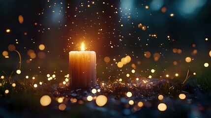 Poster - Glowing candle flame with magical bokeh lights and sparkles on dark background creates mystical atmospheric mood for spiritual practices and meditation.