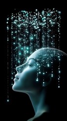 Poster - Ethereal profile silhouette with glowing particles and light streams cascading down, creating magical atmosphere against dark background. Concept of consciousness and dreams.