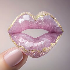Poster - Pink crystal lips with gold glitter edges held by manicured fingers against soft background, luxury beauty concept for cosmetics and jewelry design.