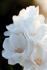Poster - Delicate white blossoms with soft petals and golden stamens in macro photography, creating ethereal mood against dark background. Suitable for wedding designs.