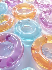 Poster - Colorful glass or acrylic rings in pastel pink, blue, and orange tones with glossy reflective surfaces arranged in abstract composition on light background.